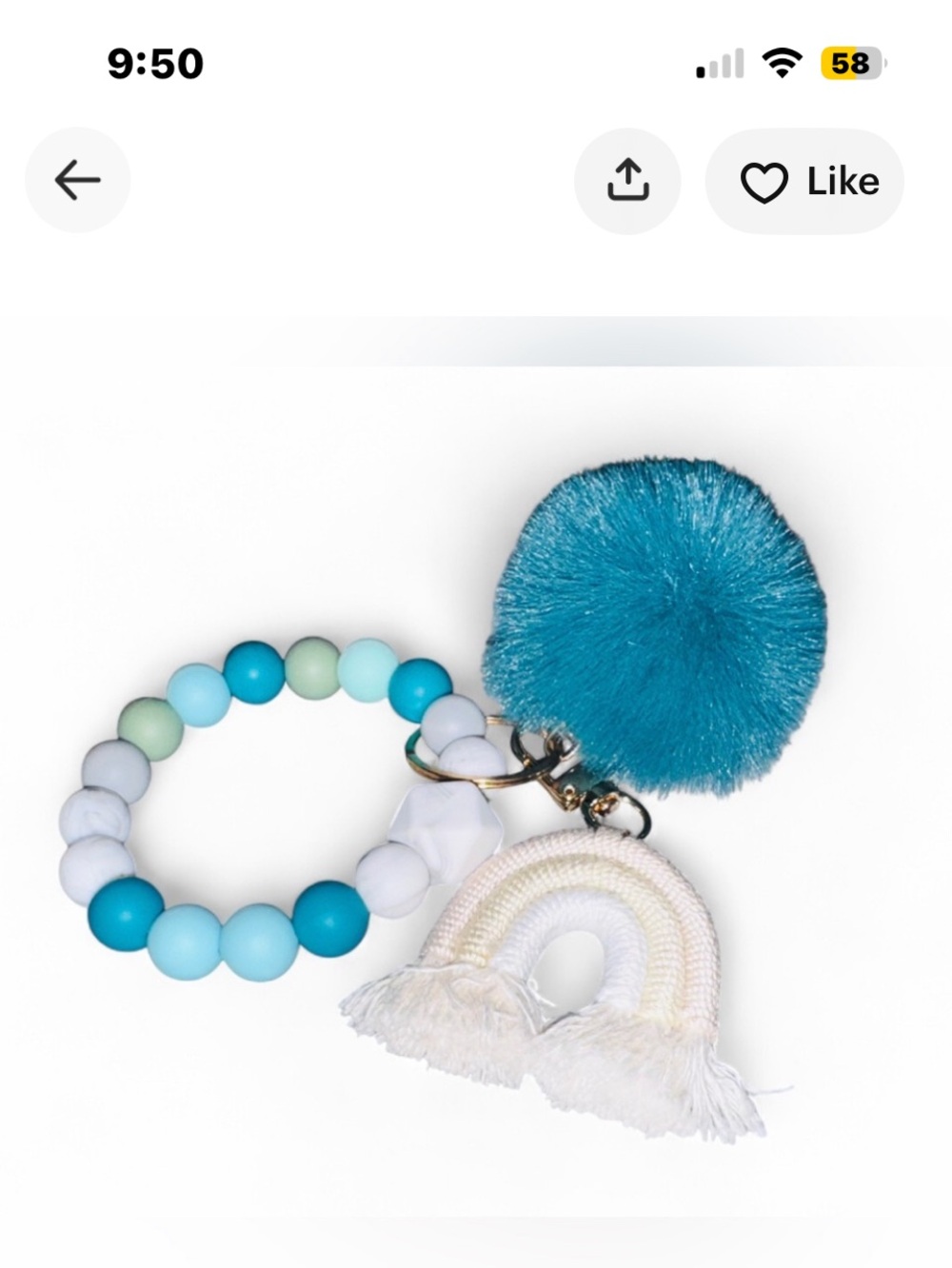 “Salt Water Serenity”Silicone Beaded Keychain with Teal Pom and Cream Rainbow